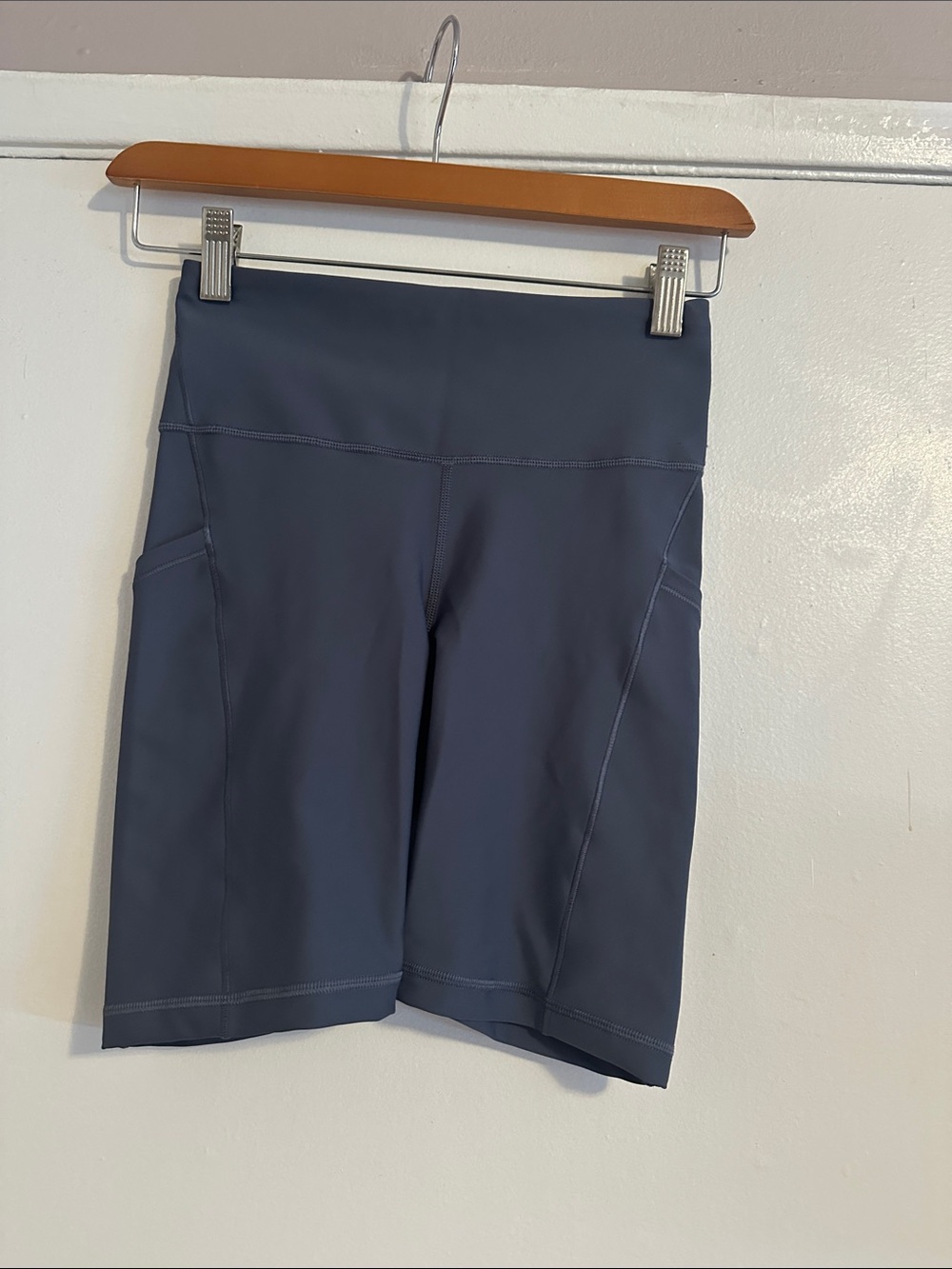 Athleta Slate Blue High-Rise Bike Shorts with Side Pockets